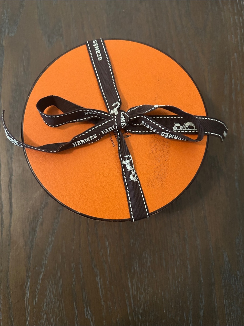 Hermes Orange Round Box with Brown Branded Ribbon